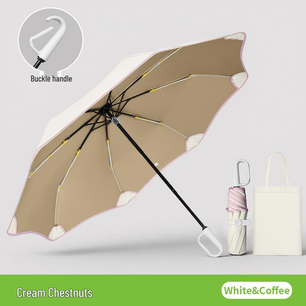 8-Rib Manual Buckle Safety Umbrella with Pink Edges, UV Protection, 3-Fold, for Female Students