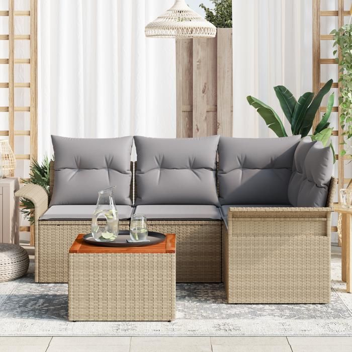 VidaXL Ensemble de canapé de jardin 5 pièces avec coussins beiges en poly rotin et acacia 3347322