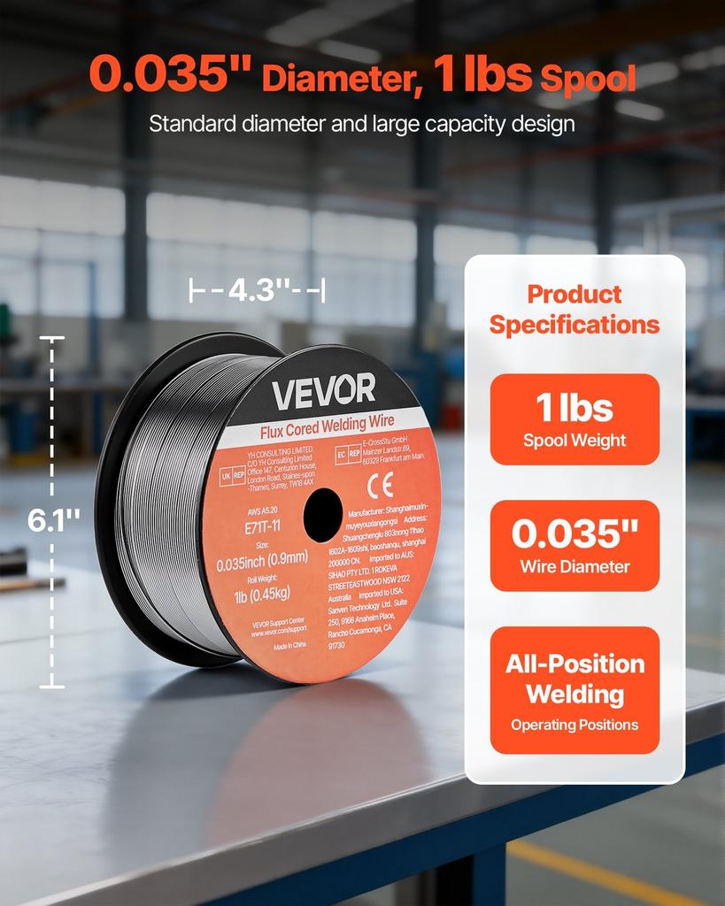 Flux Core MIG Welding Wire, E71T-11 0.9mm 0.45kg, Gasless Mild Steel Welding Wire with Low Spatter for All Position Arc Welding, Self-Shielded for