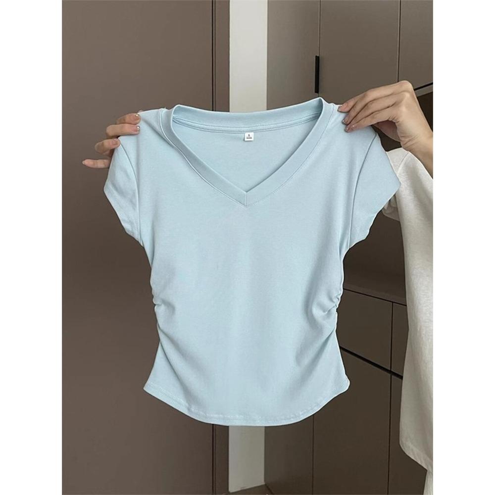 Cotton Blue Shoulder Short Sleeved T-shirt for Women In Summer, Slim Fit and Stylish, Pleated Waist Cinching Short T-shirt Top
