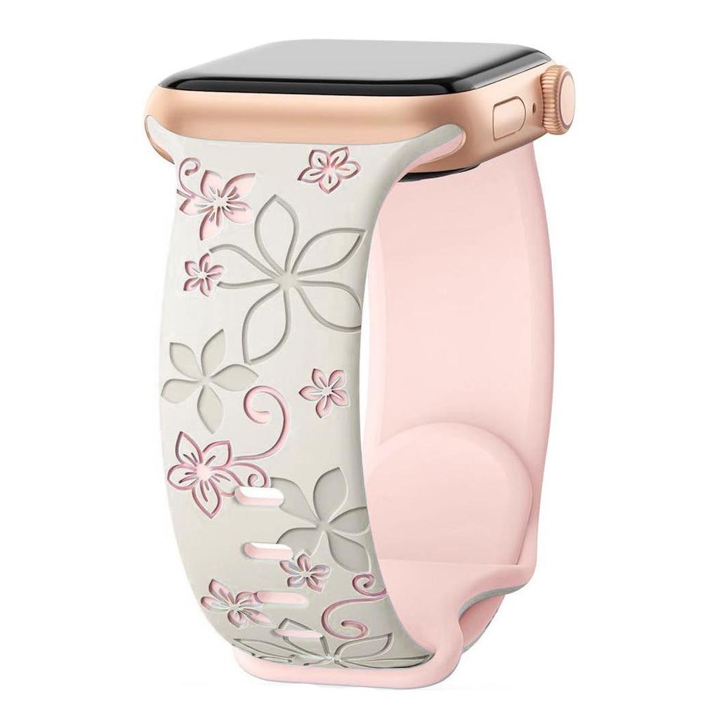 Embossed Floral Silicone Apple Watch Strap: Unisex, Sports, Two-Tone, Infinity Buckle.