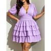 Vestido de tarta corto de color liso, manga corta, cuello en V sexy para mujer de talla grande