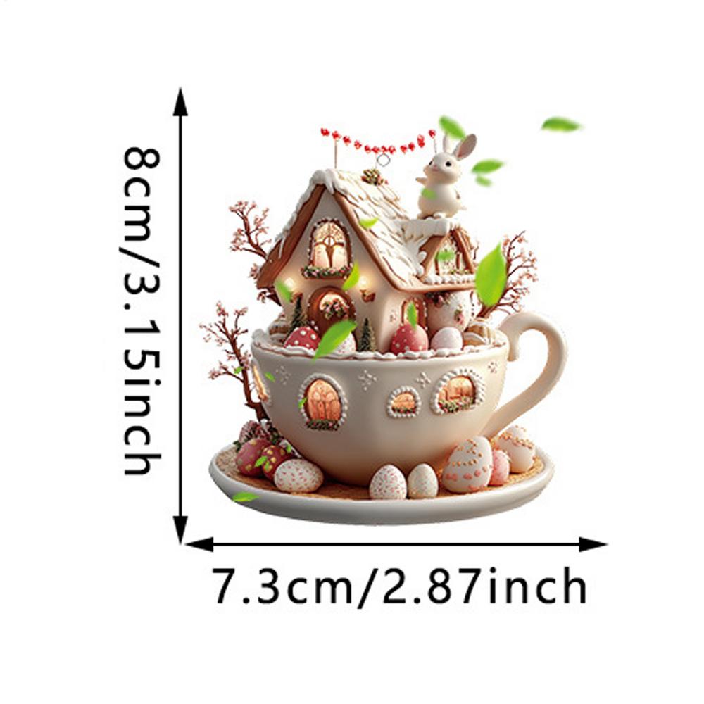 

Coffee Cup House Easter Egg Ornaments Cartoon Bunny Egg House Coffee Mug Decorative 2D Acrylic Ornaments Easter Party Supplies