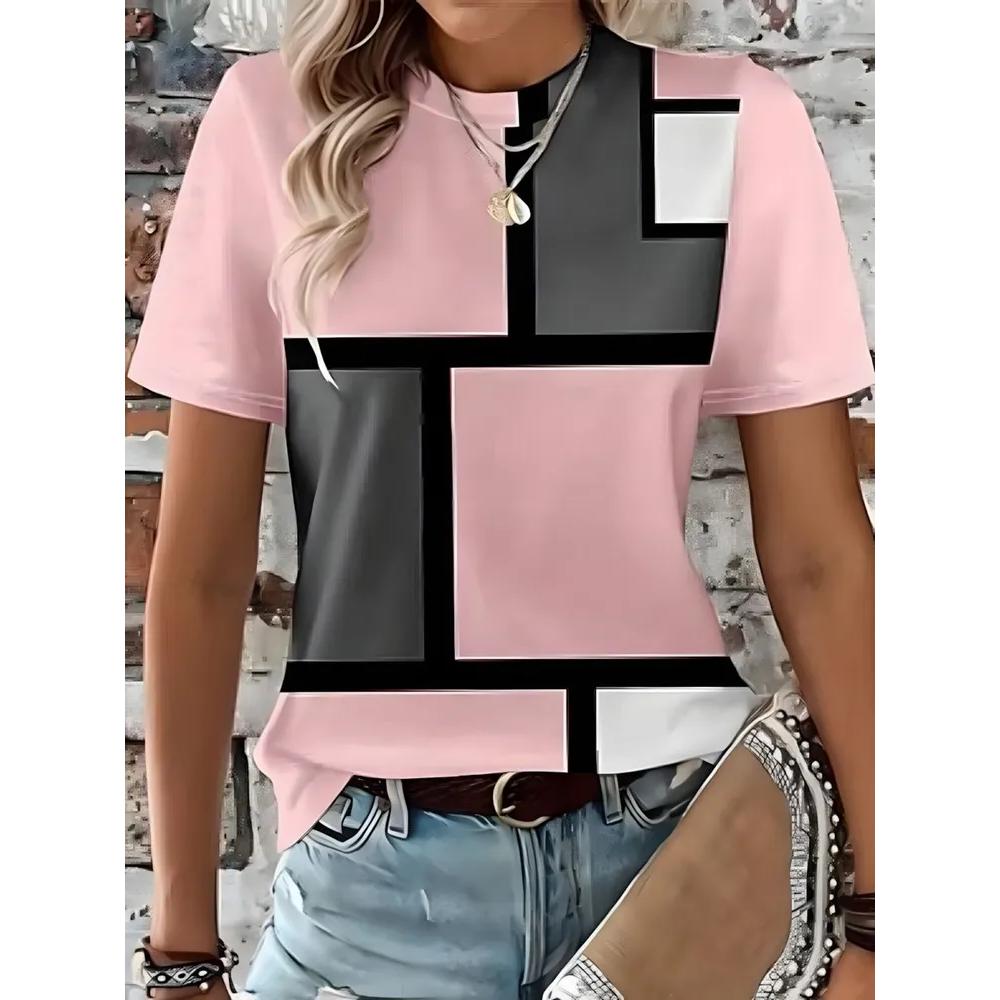 Fashion Versatile Striped Printed Top Casual Loose Short Sleeves Comfortable Breathable T-Shirts Women’s