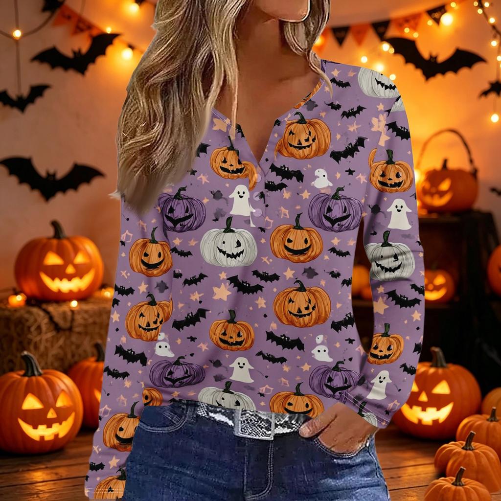 Womens Casual Halloween Print V Neck Long Sleeve Button Detail Top Lightweight Stretchy Fabric Comfortable Fit