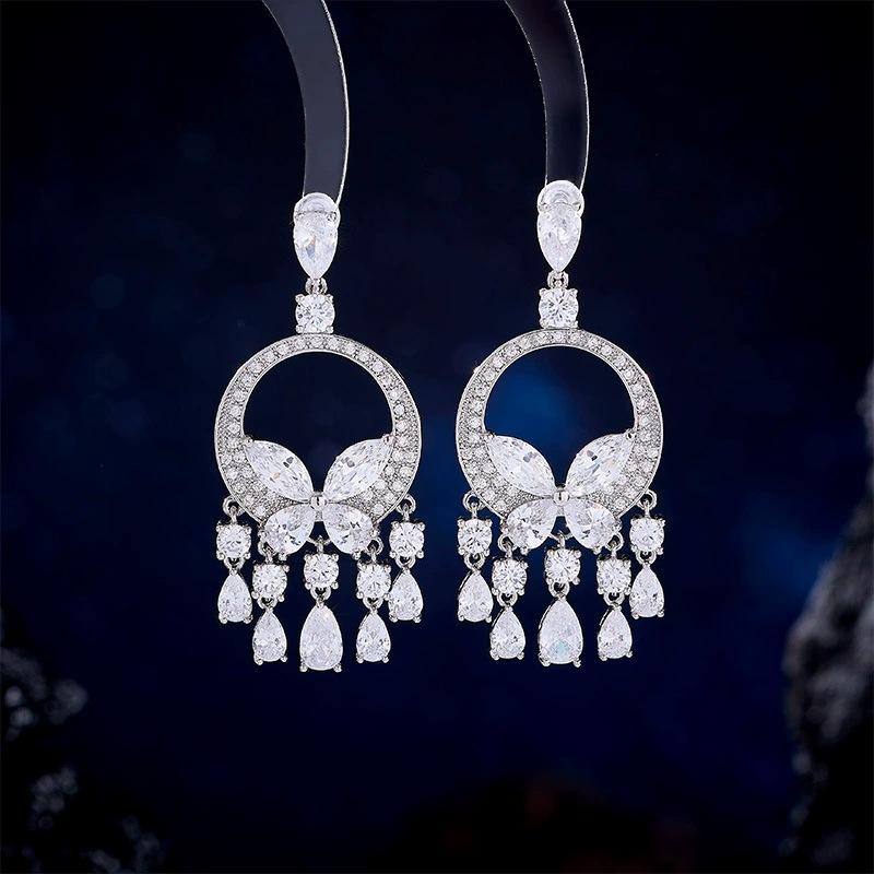 High-end Micro-inlaid Zircon Green Butterfly Fringed Heavy Industry Earrings French Light Luxury Dress Accessories