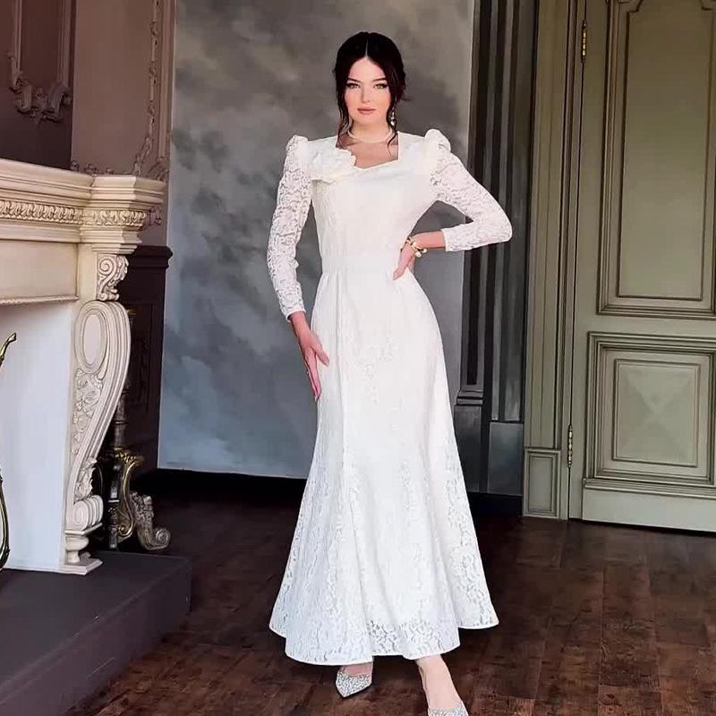 

Элегантное длинное платье для женщин в европейском и американском стиле, осень 2024, с кружевной отделкой L белый