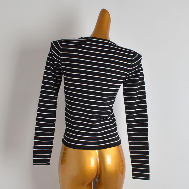 Export Cut Label Contrast Color Stripes round Neck Pullover Knitwear Women's Clothing Fall/Winter Slim Slimming and Short Long Sleeves Bottoming Shirt