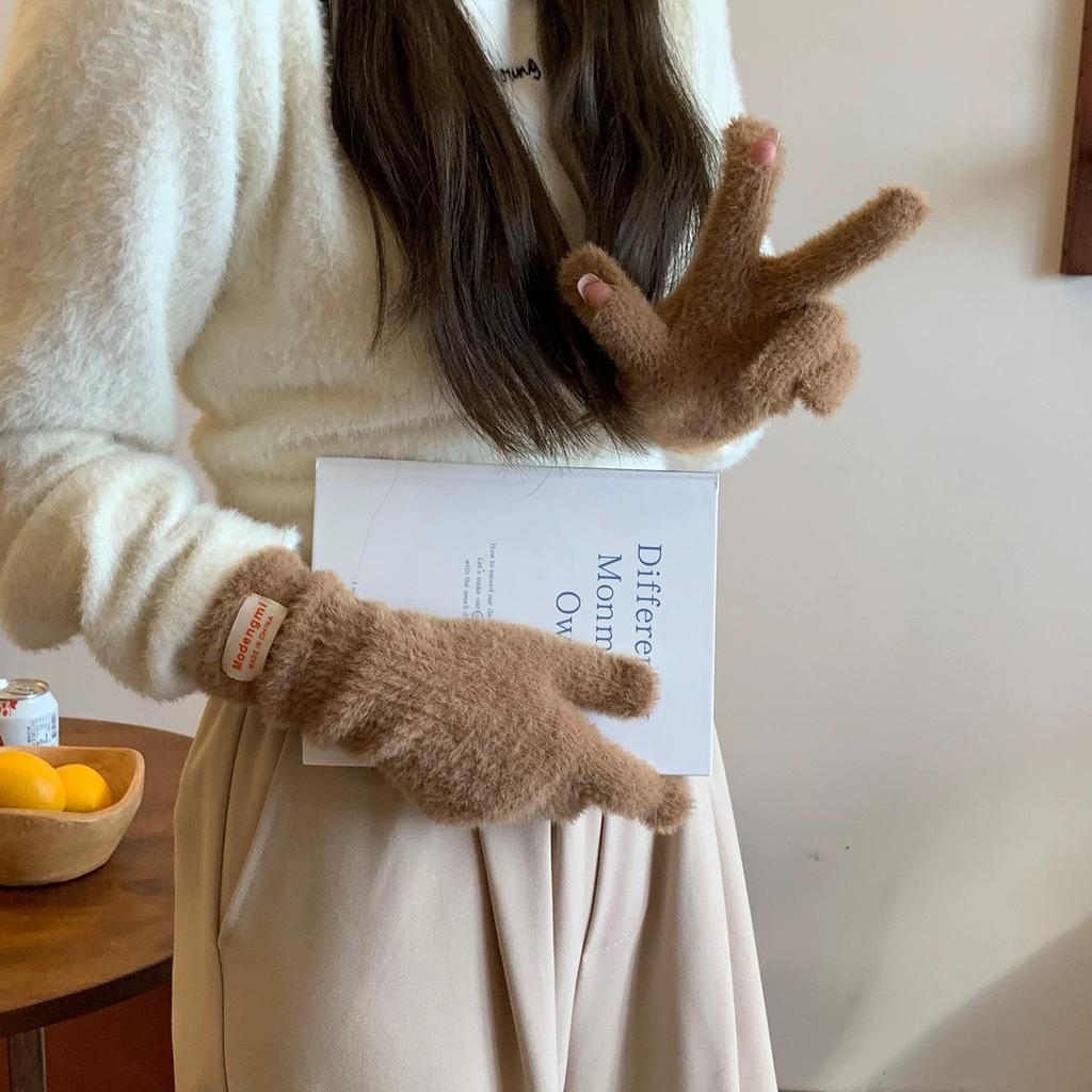 Plush  Soft and Waxy Finger Gloves for Women in Winter Versatile Long Style  Thickened and Warm  Student Cycling Fingerless Touch Screen
