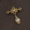 Vintage Gold Pearl Cross Brooch for Women - Baroque Palace Style