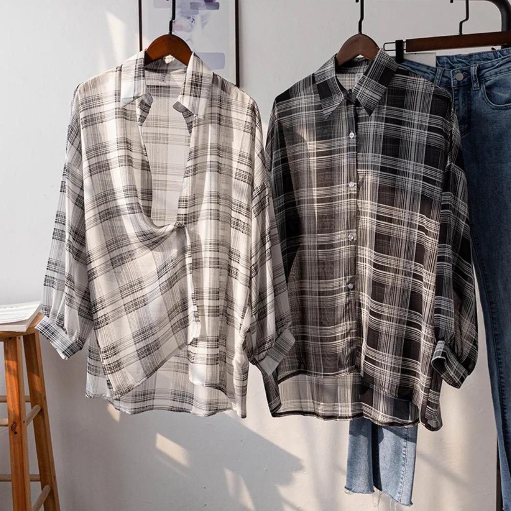 Cămașă Plaid din Șifon Transparent pentru Femei Mărimi Mari cu Guler și Nasturi Bluză de Vară Lejeră Casual