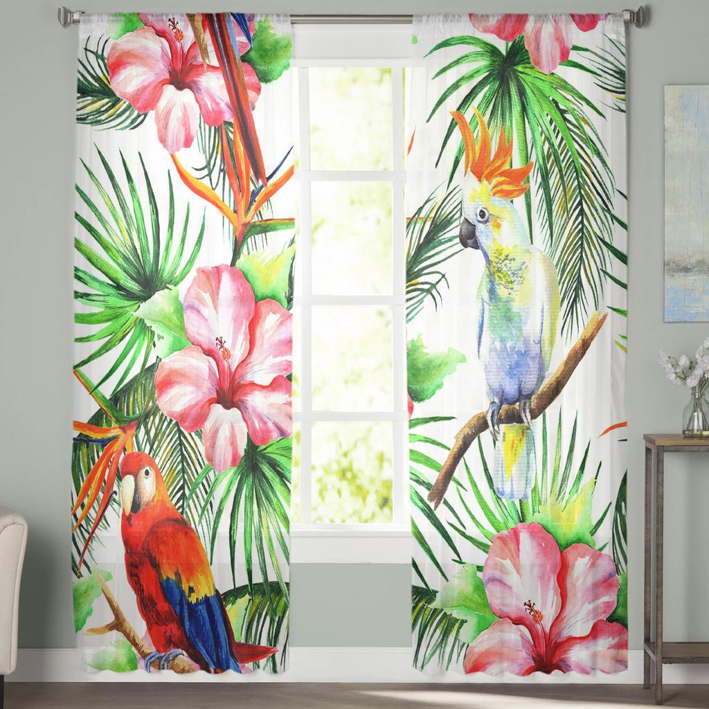 Bunte Papageien Tropische Pflanzen Tüll Transparente Fenstervorhänge für Wohnzimmer Küche Kinderzimmer Voile Hängevorhang