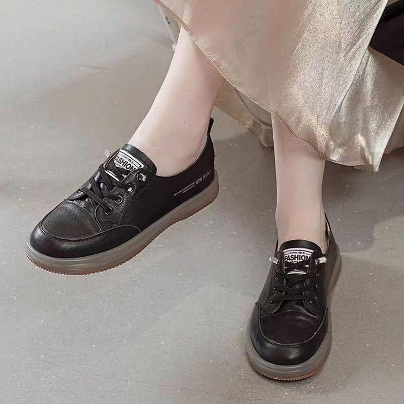 

First layer cowhide deep mouth white shoes beef tendon soft sole one pedal women s shoes autumn leather breathable rest comfortable idle shoes 41 чёрный