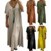 Vestido de Linho de Verão Plus Size para Mulheres Solto Manga Curta Decote V Longo Casual Praia Fluido Vestido de Sol com Bolsos