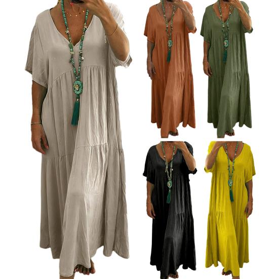 Vestido de Linho de Verão Plus Size para Mulheres Solto Manga Curta Decote V Longo Casual Praia Fluido Vestido de Sol com Bolsos