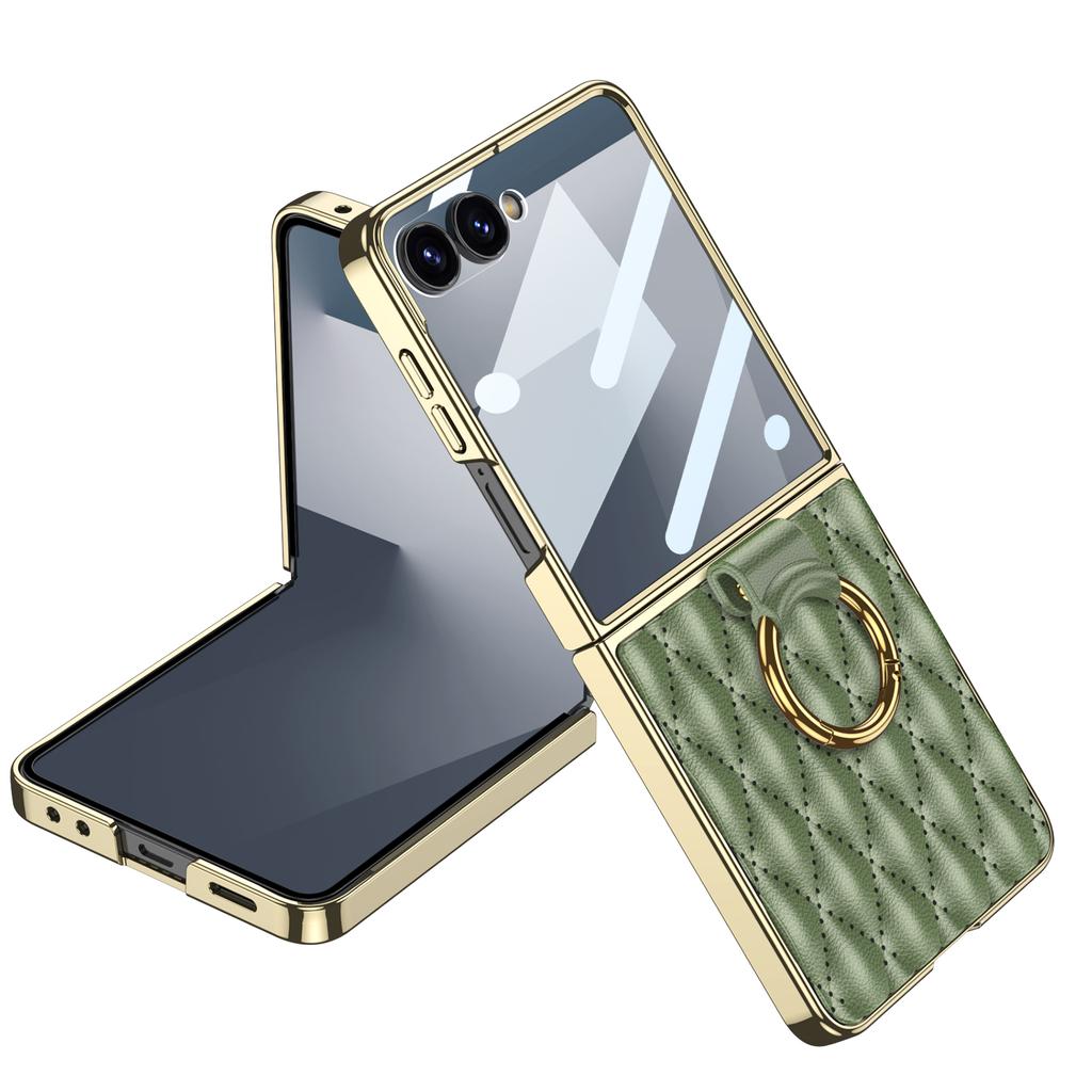 Luxury Diamond Leather Ring Holder Case for Samsung Galaxy Z Flip 7 6 5 Screen Glass Plating Edge Cover for Galaxy Z Flip7 Case