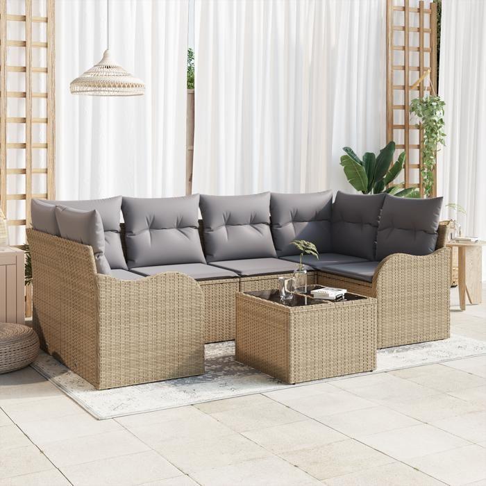 Ensemble de canapés de jardin 7 pièces avec coussins beige en poly rattan, Canapé de jardin 2 places avec rangement 3354269
