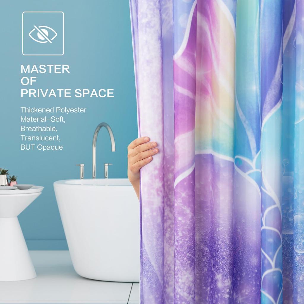 Mermaid Shower Curtain, Mermaid Tail Bubbles Shower Curtains Waterproof Showercurtain Set With Hooks Polyester Fabric Machine Wa