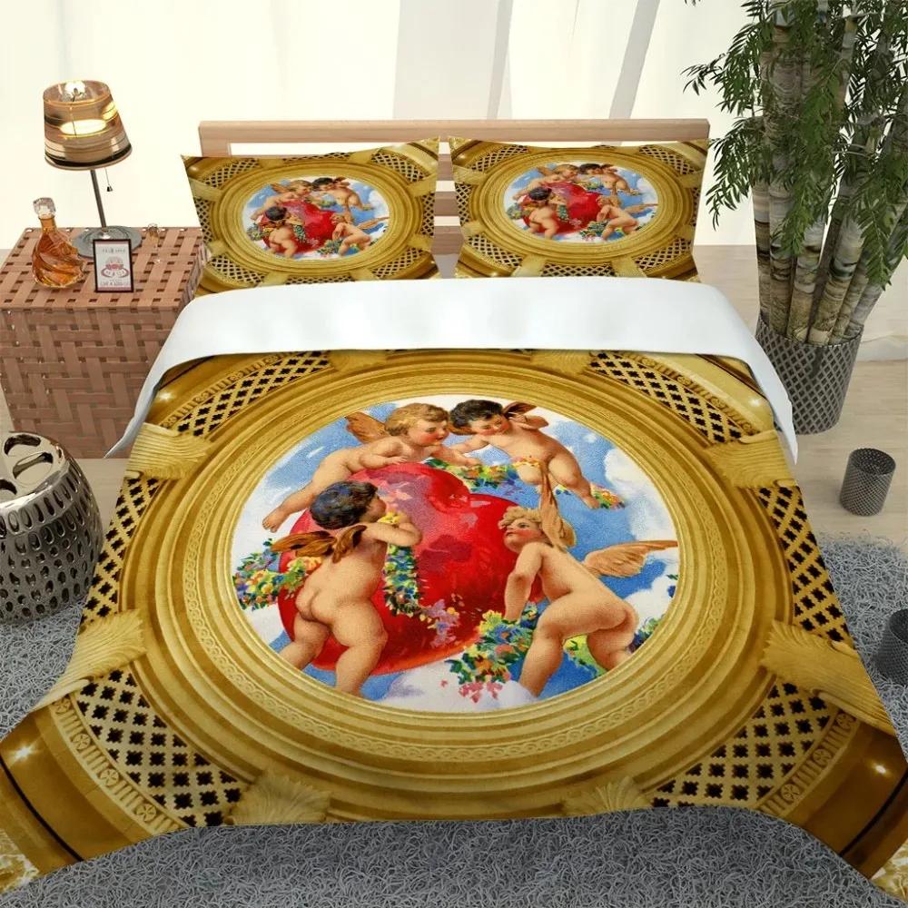 3D Angel Bedding Set Golden Luxury Bedclothes European Pattern Duvet Cover Retro Chain Comforter Cover 3 Piece For Girls Boys