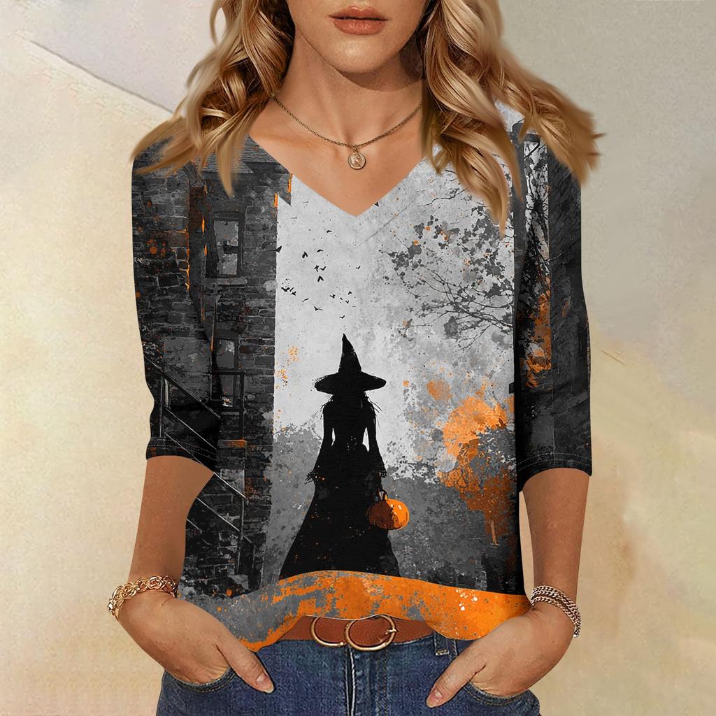 Women Casual Halloween Print V Neck Top Three Quarter Sleeve Lightweight Loose Fit Pullover Shirt for Fall Seasonal Wear