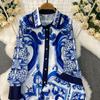 Completo Due Pezzi Donna Stampa Vintage Designer Autunno Primavera Pantaloni da Sfilata Camicia con Collo a Revers e Pantaloni con Elastico in Vita e Tasche