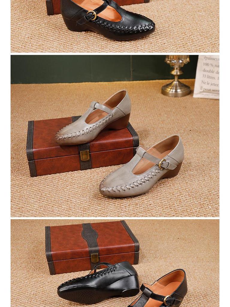 2025 Autumn Women's Genuine Leather Mary Jane T-Strap Shoes - Soft Sole, Retro French Style, Chunky Heel