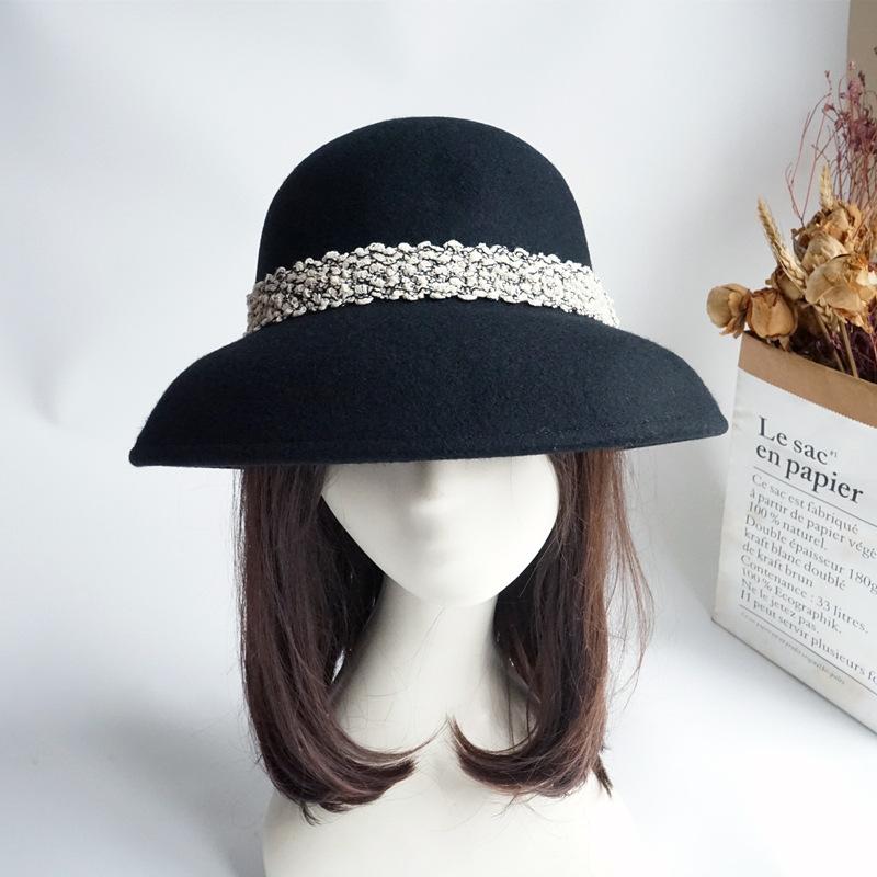 Hepburn Elegant French Retro Black Bell-Shaped Basin Hat Women'S Autumn And Winter Xiaoxiang British Woolen Top Hat Felt Fisherman