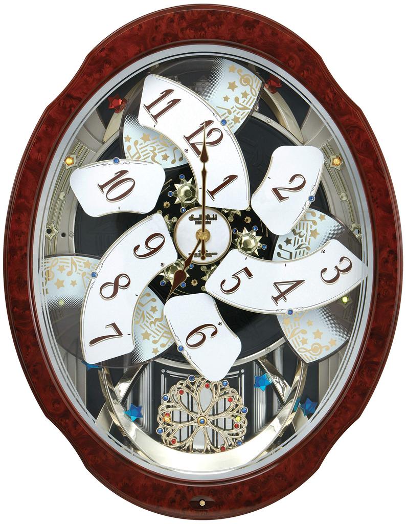 RHYTHM Wanduhr Radio Analog Karakuri Small World Bloom GO 30 Lieder Melodie Braun Maserung Small World 4MN499AZ23 Braun (Holzfinish) 52,1 x 40,5 x 12,4 cm