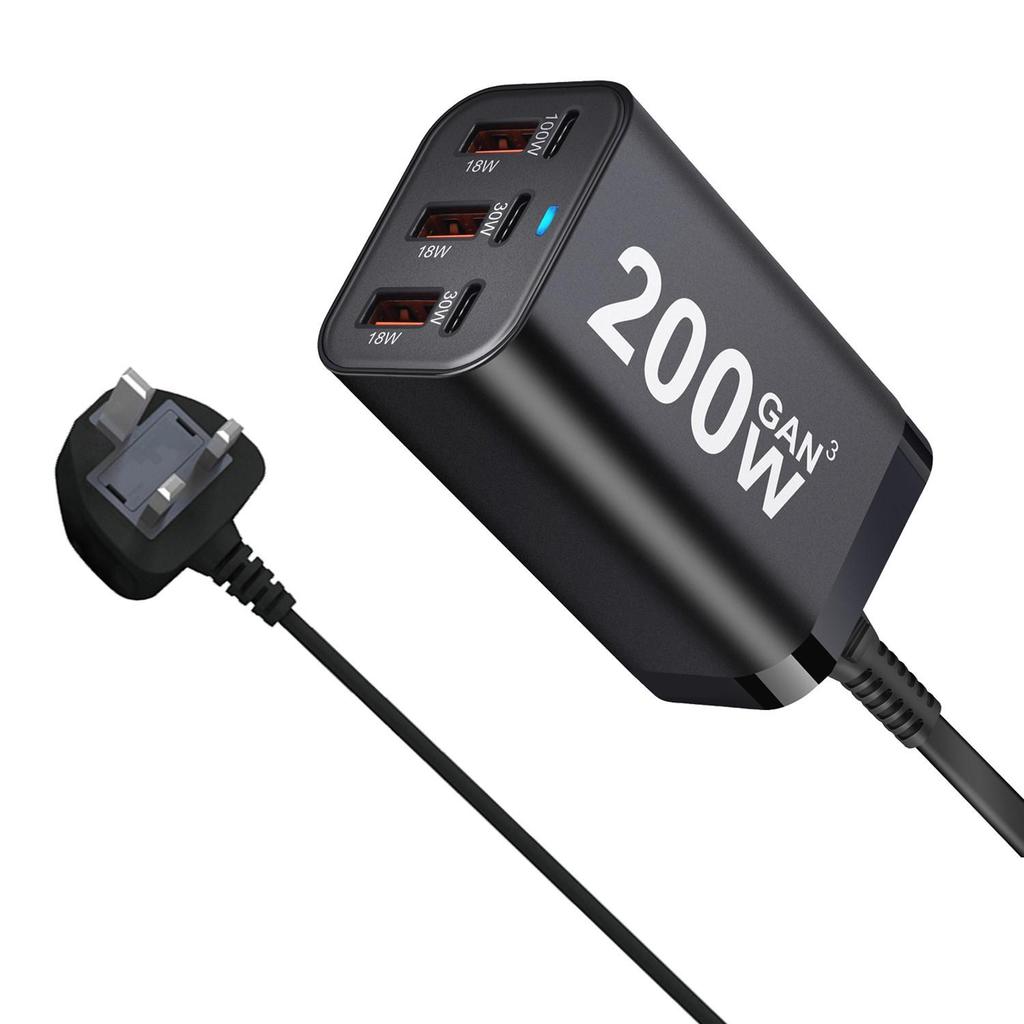 200W GaN PD Charger: 3A3C Multi-port Desktop Power Bank & Adapter
