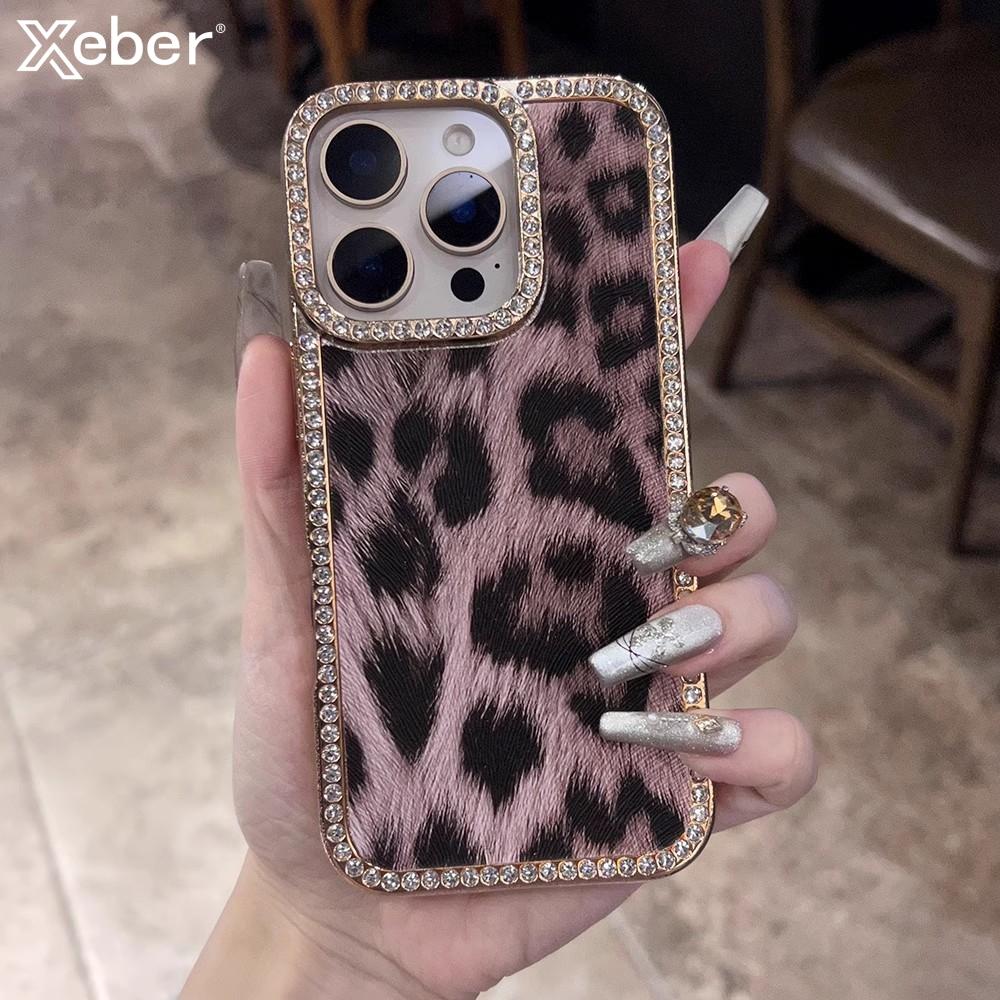 Luxury Leopard Print Fur Pattern Case For iPhone 17 16 15 14 13 12 11 Pro Max Glitter Diamond Shockproof Bumper Protection Cover