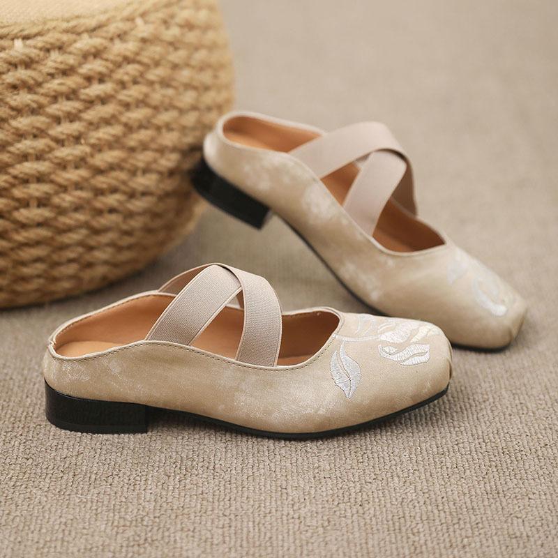 New Chinese style satin bag head slippers women's summer wear 2025 cross with ballet thick heel middle heel square head half drag