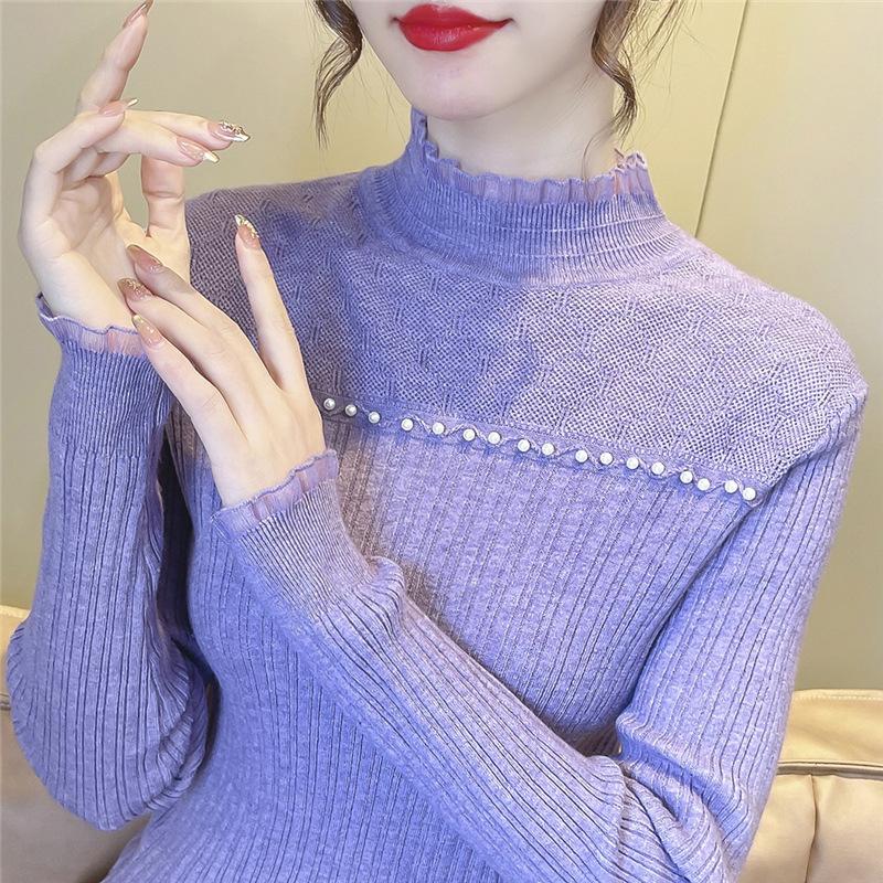 In Stock Autumn Winter Korean Womens Semi High Neck Solid Pullover Base Layer Multi Color Slimming Cutout Knit Sweater