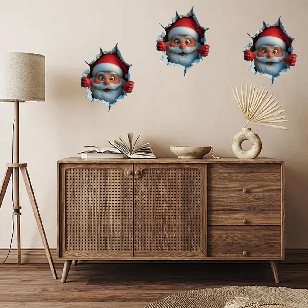 3D Santa Claus Wall Decal - Christmas Broken Wall Art Sticker - Festive Living Room Decor - Easy Peel & Stick PVC Holiday Mural