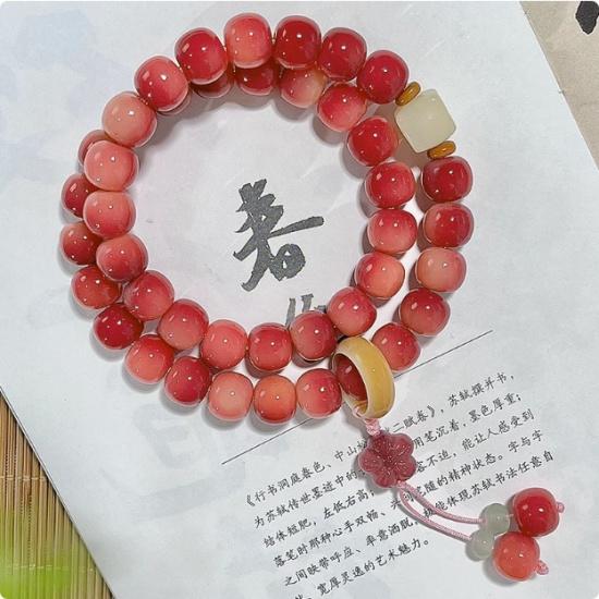 Pinkish-purple Bodhi seed double-loop bracelet for women, Chinese-style hand-held lotus ornament, Bodhi root Buddhist bead bracelet