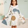 Girls High Neck Long Sleeve Printed A Line Flared Dress With Furry Trim And Bow Decor