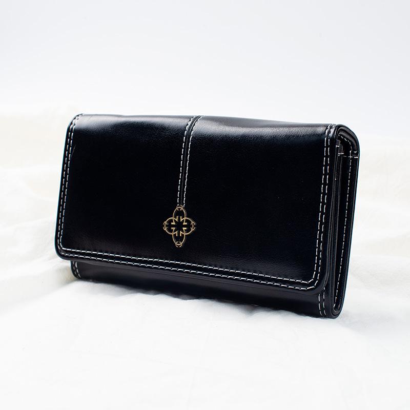 Damen Lange Retro Ölwachsleder Clutch Geldbörse mit Mehrfachkartenfächern und Münzfach