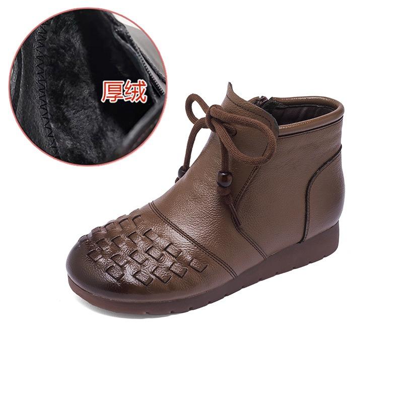 

Зимние новые ретро плетеные вручную полусапожки средней высоты на плоской подошве из говяжьей кожи, нескользящие и теплые, женские хлопковые туфли для мамы 41