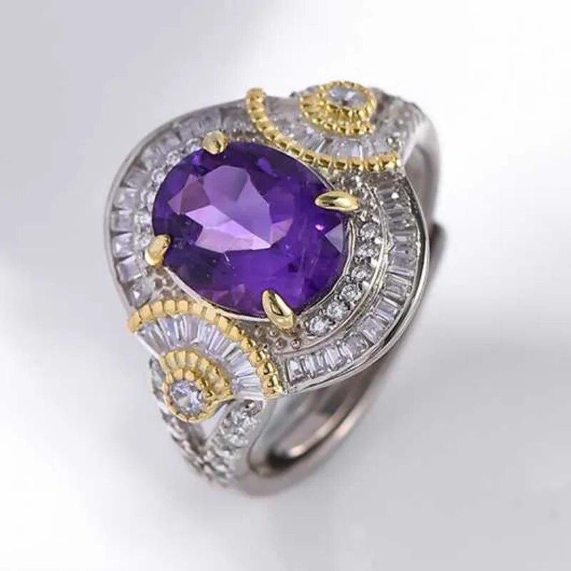 Sace Gems Inele de lux cu ametist natural, redimensionabile, din argint 925, pentru femei, cocktail de logodna, cadou de bijuterii fine