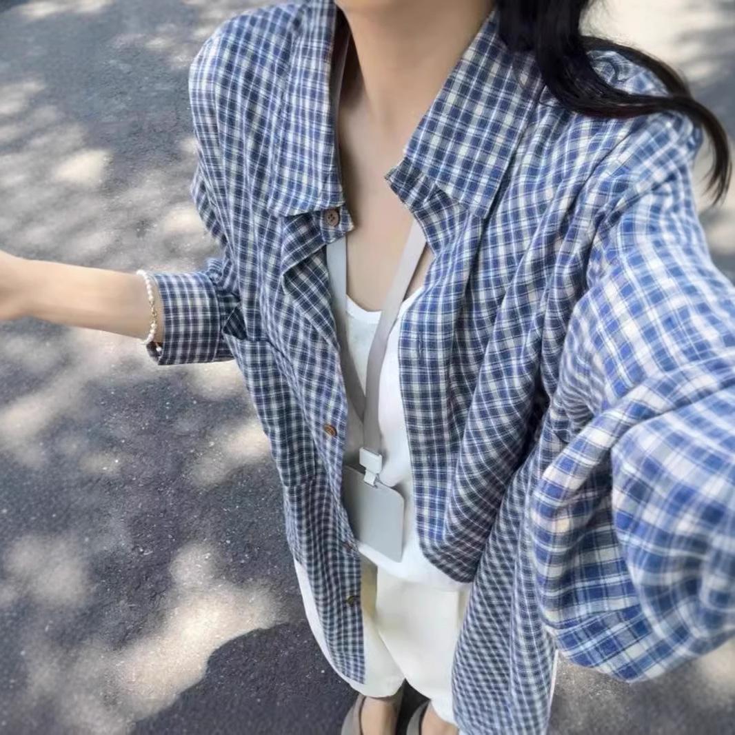 

Women s Early Autumn Casual Blue Plaid Jacket-Shirt, American Retro Style Small