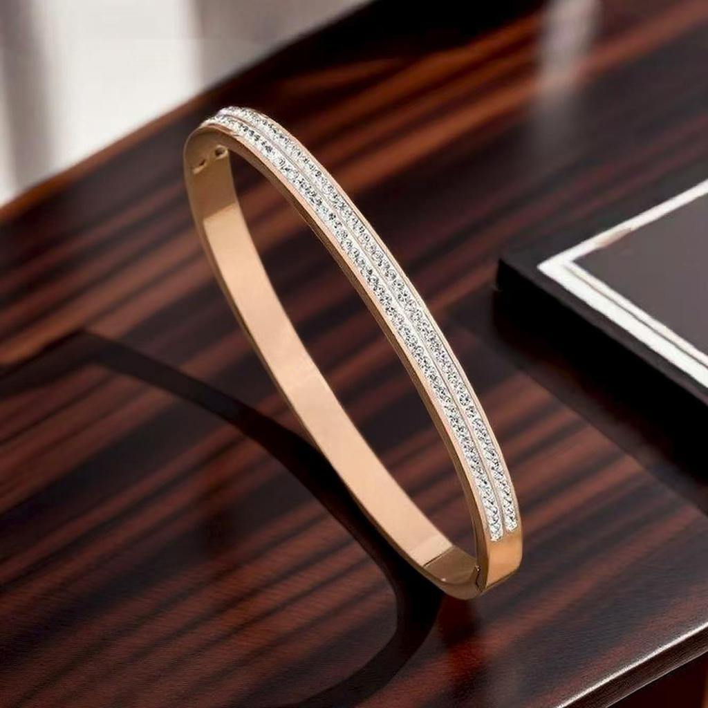 Unisex High-End Titanium Steel Bracelet with Double Row Diamonds - Versatile, Electroplated, and Non-Fading