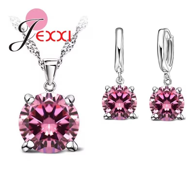 Solid 925 Sterling Silver Jewelry Sets 4 Claws Cubic Zirconia Pendant Necklace Earring Fashion Jewelry For Women SET