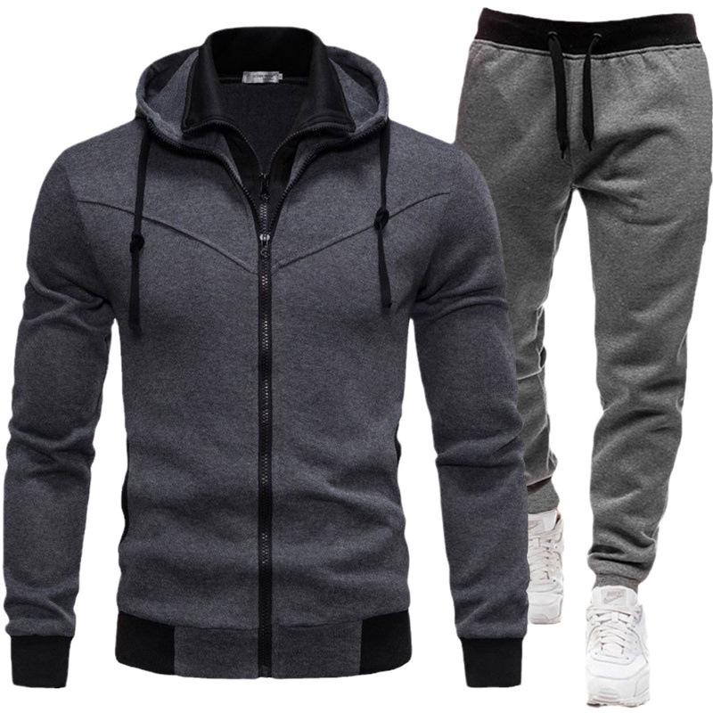 2026 Men's Sporty Patchwork Hooded Jacket and Long Pants Set for Autumn/Winter