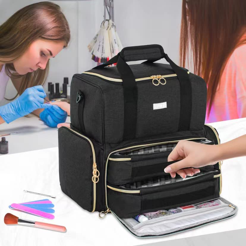 Zweistufige Nagellack-Aufbewahrungsbox, fasst 80 Flaschen (15ml) und eine UV-Nagellampe, Perfekt für Gelnägel, Schwarz