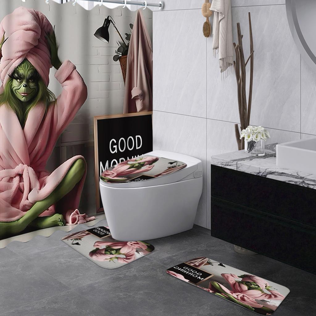 Greentown Series Shower Curtain Floor Mat Four Piece Set, Home Bathroom Dry Wet Separation Partition Shower Curtain Waterproof Shower Curtain