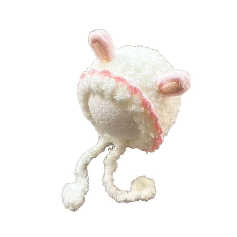 Adorable Children's Plush Knit Hat with Lace Ear Protection for Boys and Girls - Warm and Thick for Autumn and Winter