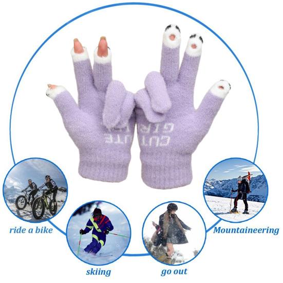 1 Pair Warm Plush Gloves Cutout Finger Tips Thick Plush Funny Cartoon Face Knitted Soft Elastic Anti-slip Warm Touch Screen Cycling Gloves