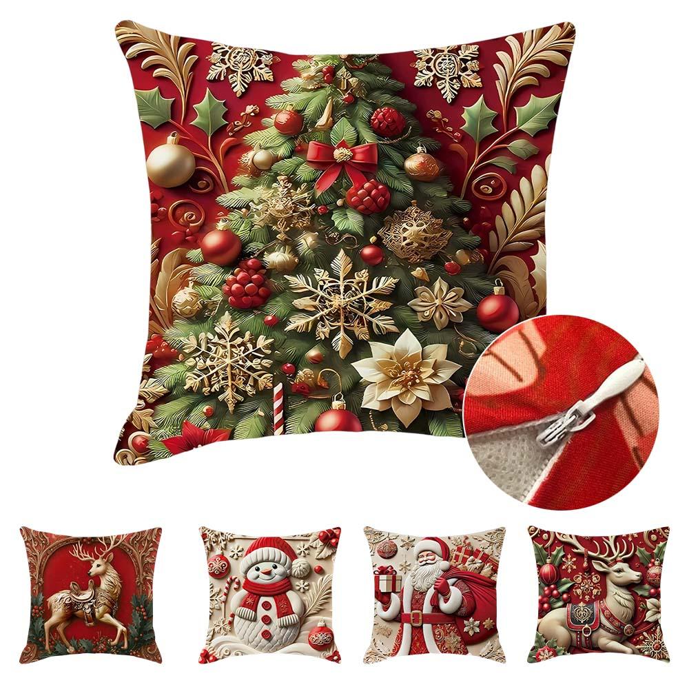 1/4 pièces Housse de Coussin de Noël Lin Design Père Noël Rennes Fermeture Éclair Décoration Salon Hivernal Canapé Funda Cojines De 45x45