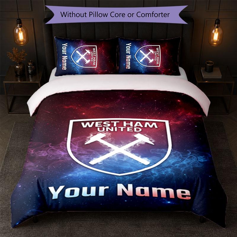 West Ham United FC Individuelles Namens-Text-Bettwäscheset 1 Bettbezug+2 Kissenbezüge Fußball-Logo Personalisierte Geschenkidee für besondere Anlässe Schlafzimmerdekoration