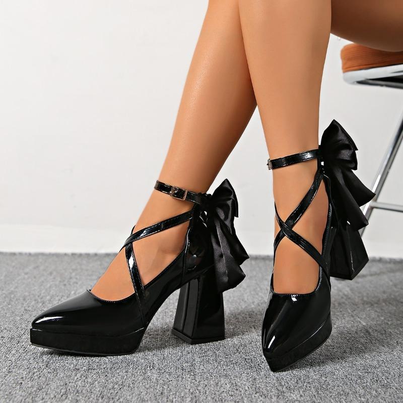 Fashion Autumn New Pointed Toe Shallow Mouth Platform Non-slip Wear-resistant High Heels Bow One Strap Square Heel Single Shoes