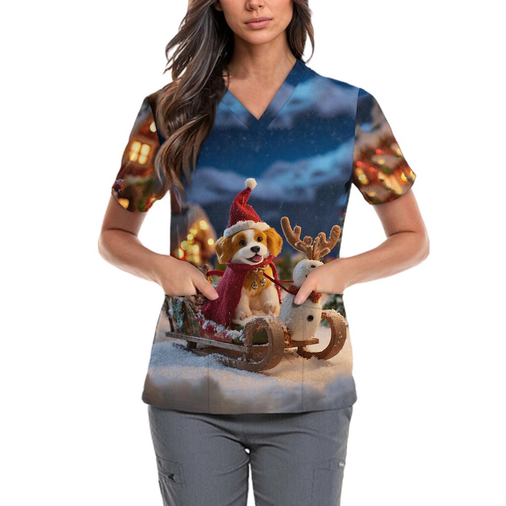 Women's Cute Bow Printed Work Clothes V-neck Double Layer Pockets Basic Short Sleeve Top Pullover